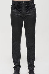 Pantalon pour homme avec motif gothique noir brillant, décoration en dentelle et cordon de serrage